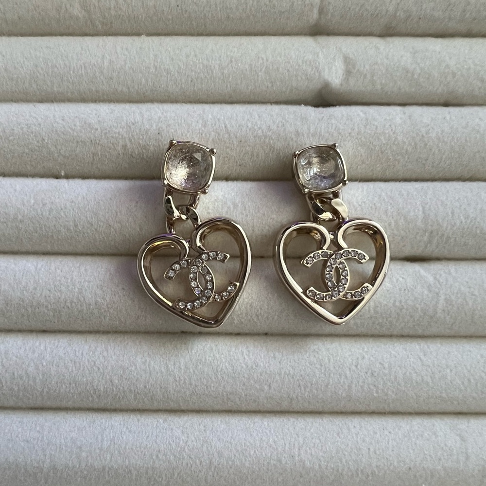 Chanel style Gold Heart Earrings with Crystal Accents